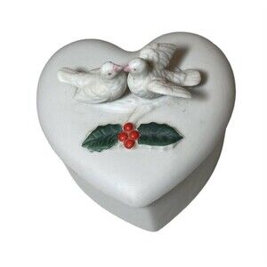 Porcelain Heart-Shaped Signed Candle Dish Lovebirds Christmas 4 x 4 Original Box
